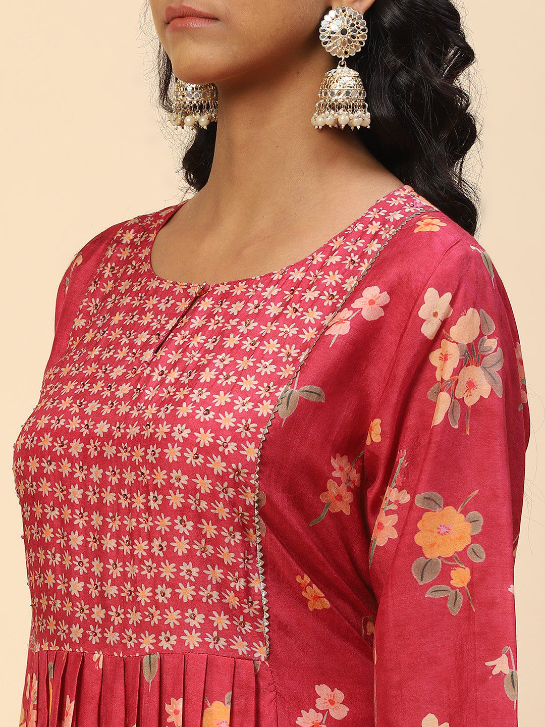 Floral Printed Embroidered Cotton Kurta With Pants