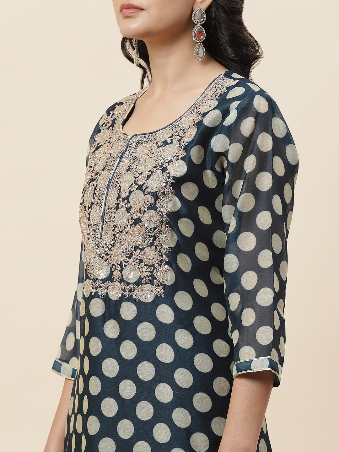 Polka Dot Printed Chanderi Kurta With Pants &amp; Dupatta