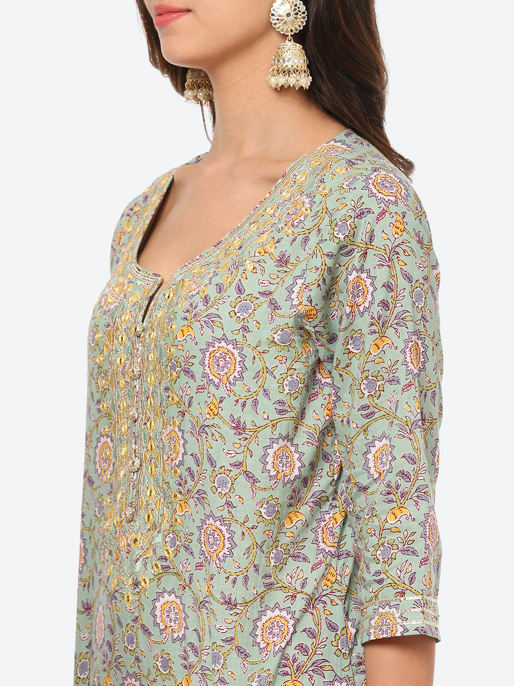 Resham Work Printed Cotton Kurta With Pant