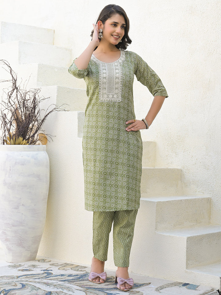 Floral Printed Cotton Kurta With Pants &amp; Dupatta
