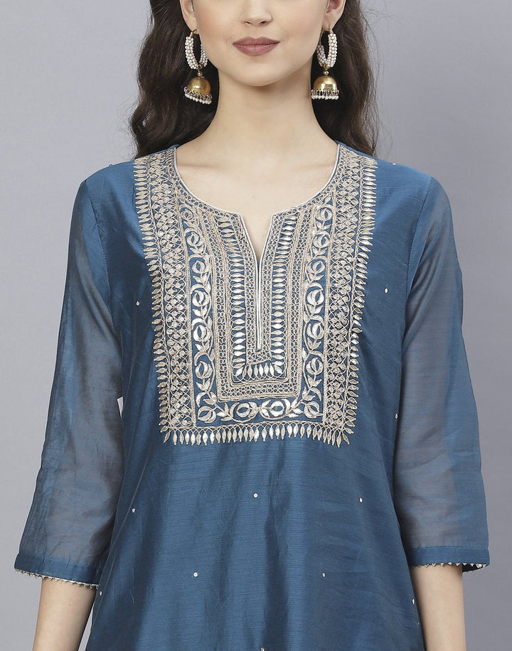 Red and Teal Blue Cotton Chanderi Salwar Kameez