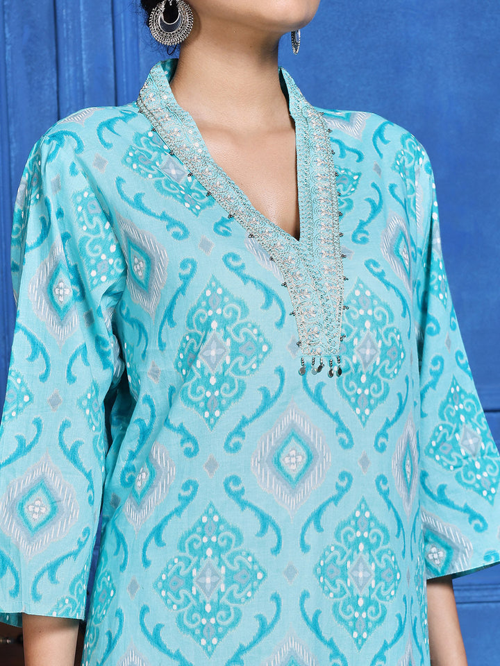 Printed Cotton Blend Kurta With Pants &amp; Dupatta