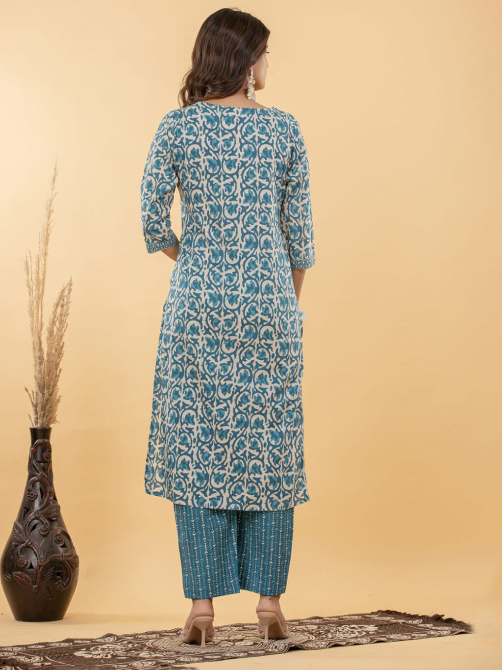 Light Blue Embroidered Cotton Blend Straight Suit Set With Dupatta