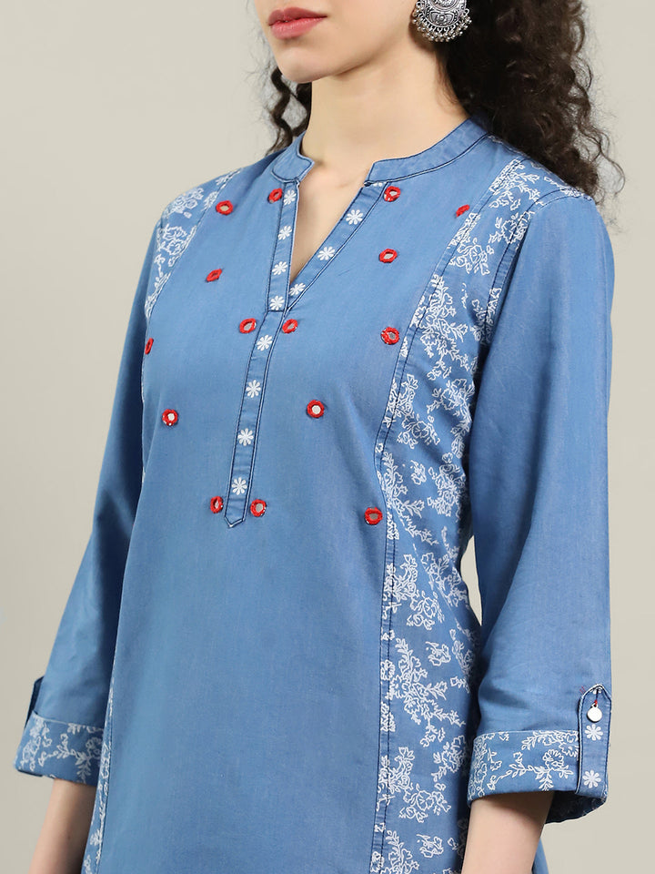 Neck Embroidered Denim Kurta