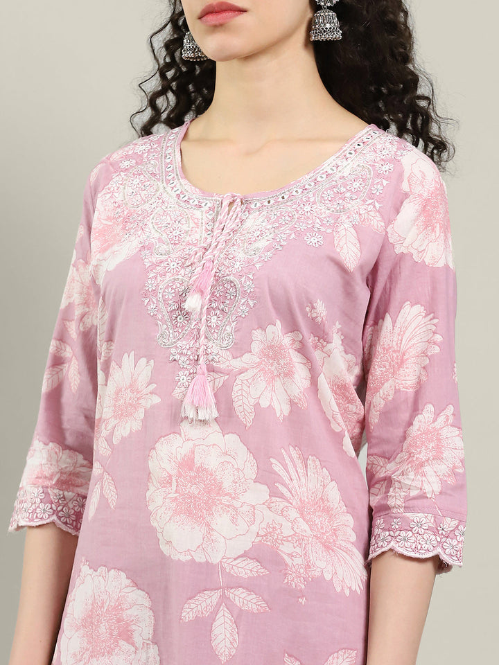 Kantha Work Cotton Blend Kurta With Pants