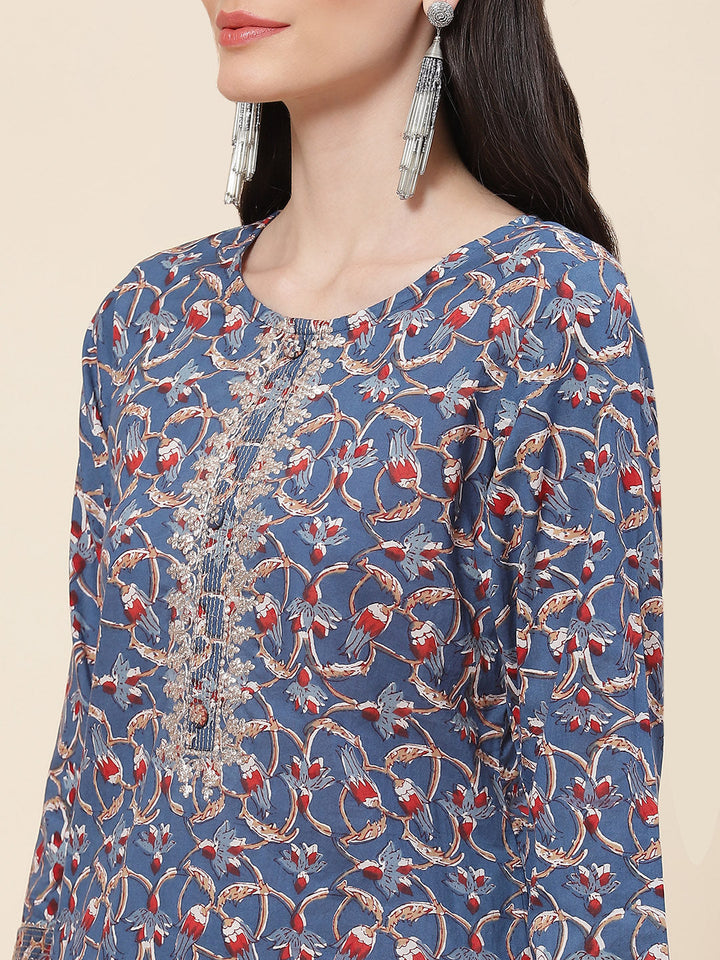 Printed &amp; Neck Embroidered Cotton Kurta
