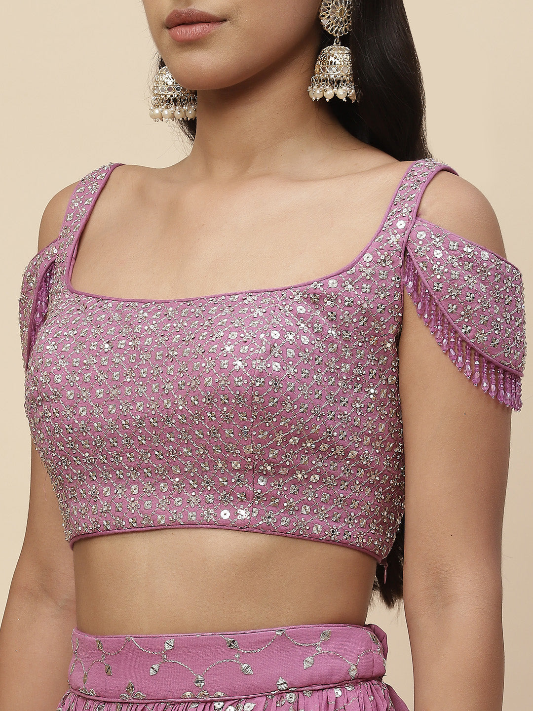 Sequin Embroidered Georgette Lehenga With Choli &amp; Net Dupatta