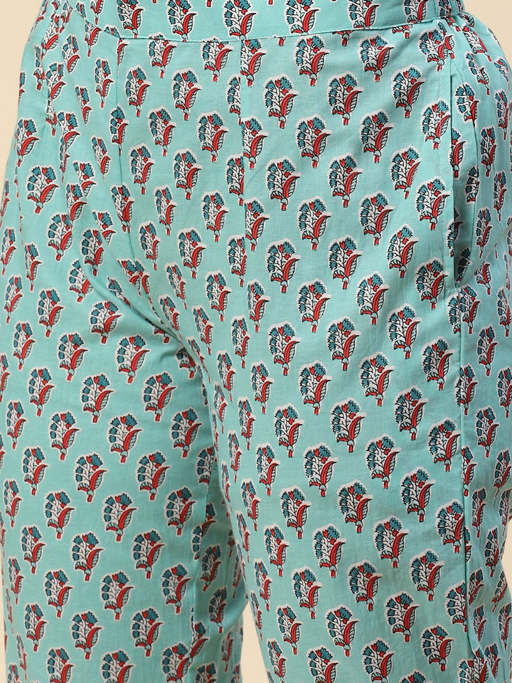 Block Printed Cotton Kurta With Pants &amp; Dupatta