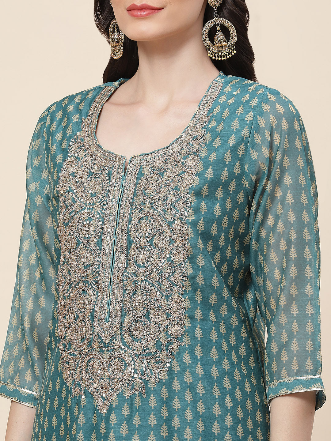 Printed &amp; Neck Embroidered Chanderi Kurta With Pants &amp; Dupatta