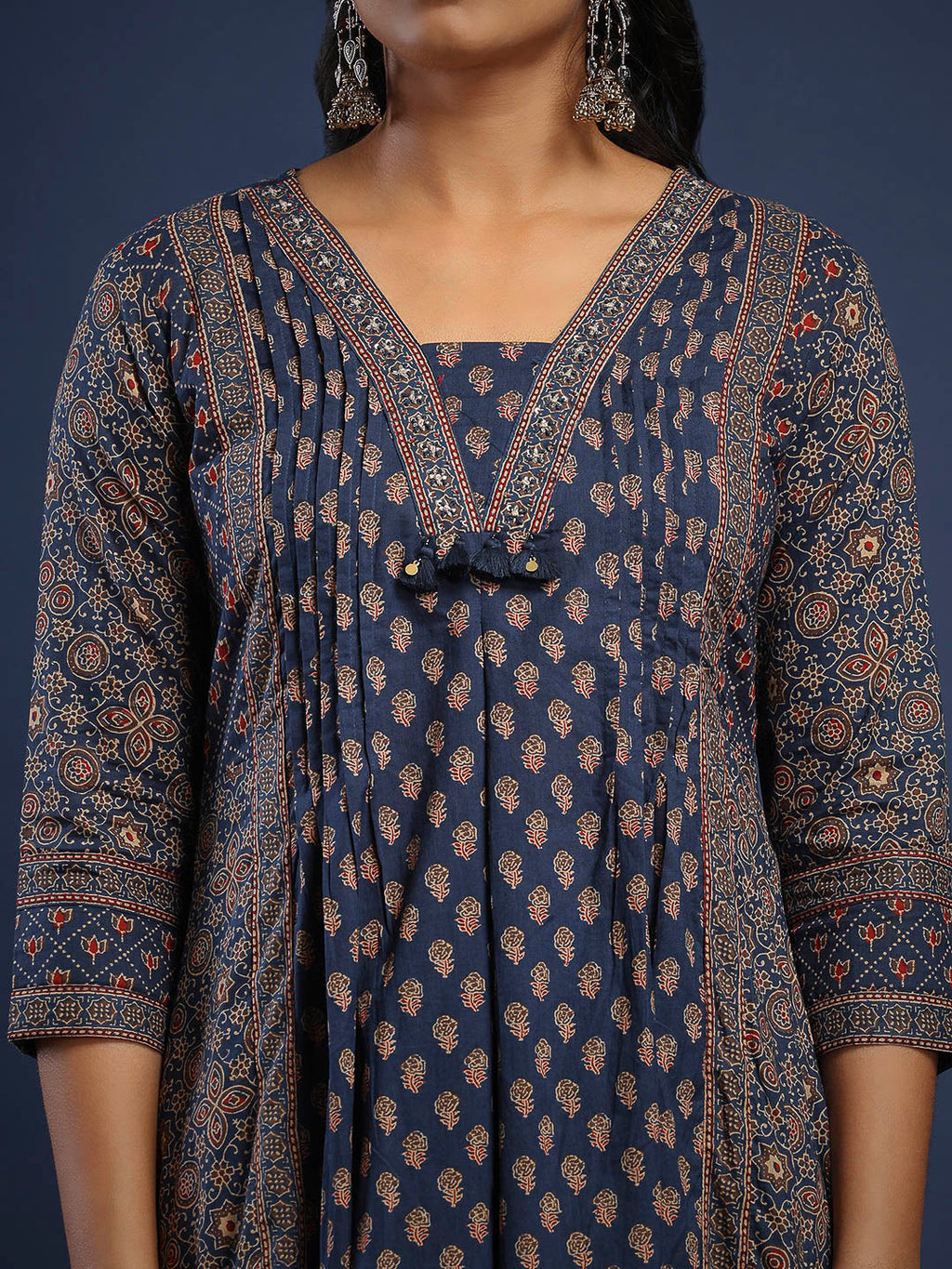 Blue Cotton Blend Printed Straight Suit Set