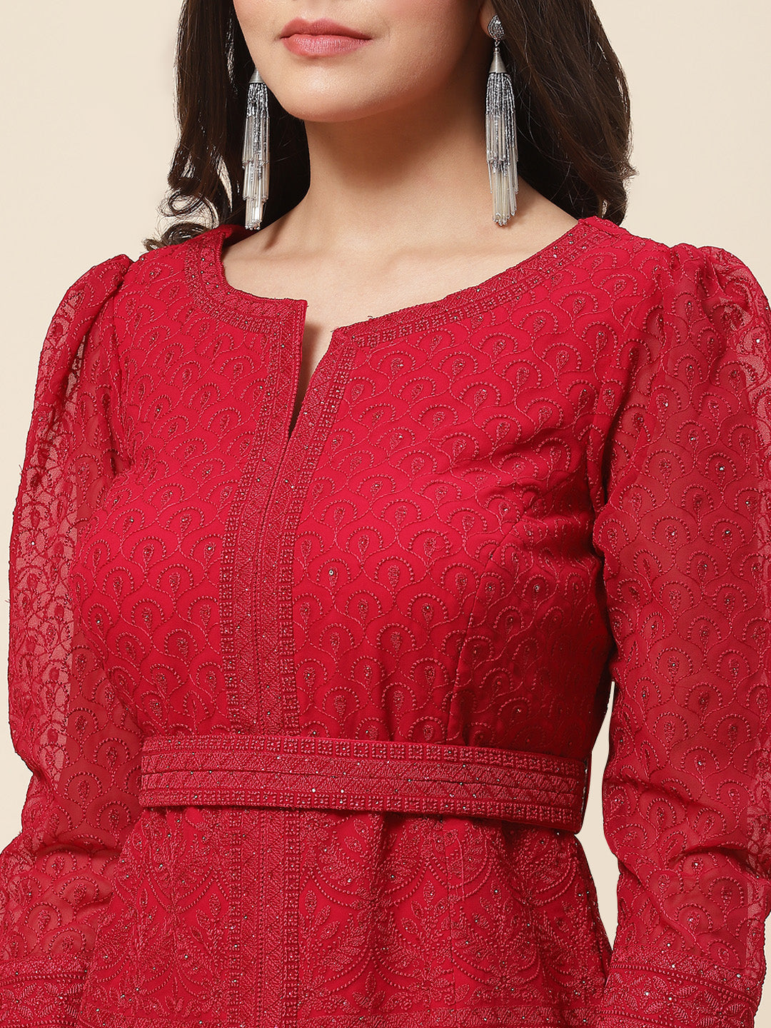 Resham Embroidered Georgette Kurti With Palazzo &amp; Dupatta