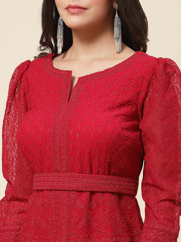 Resham Embroidered Georgette Kurti With Palazzo &amp; Dupatta