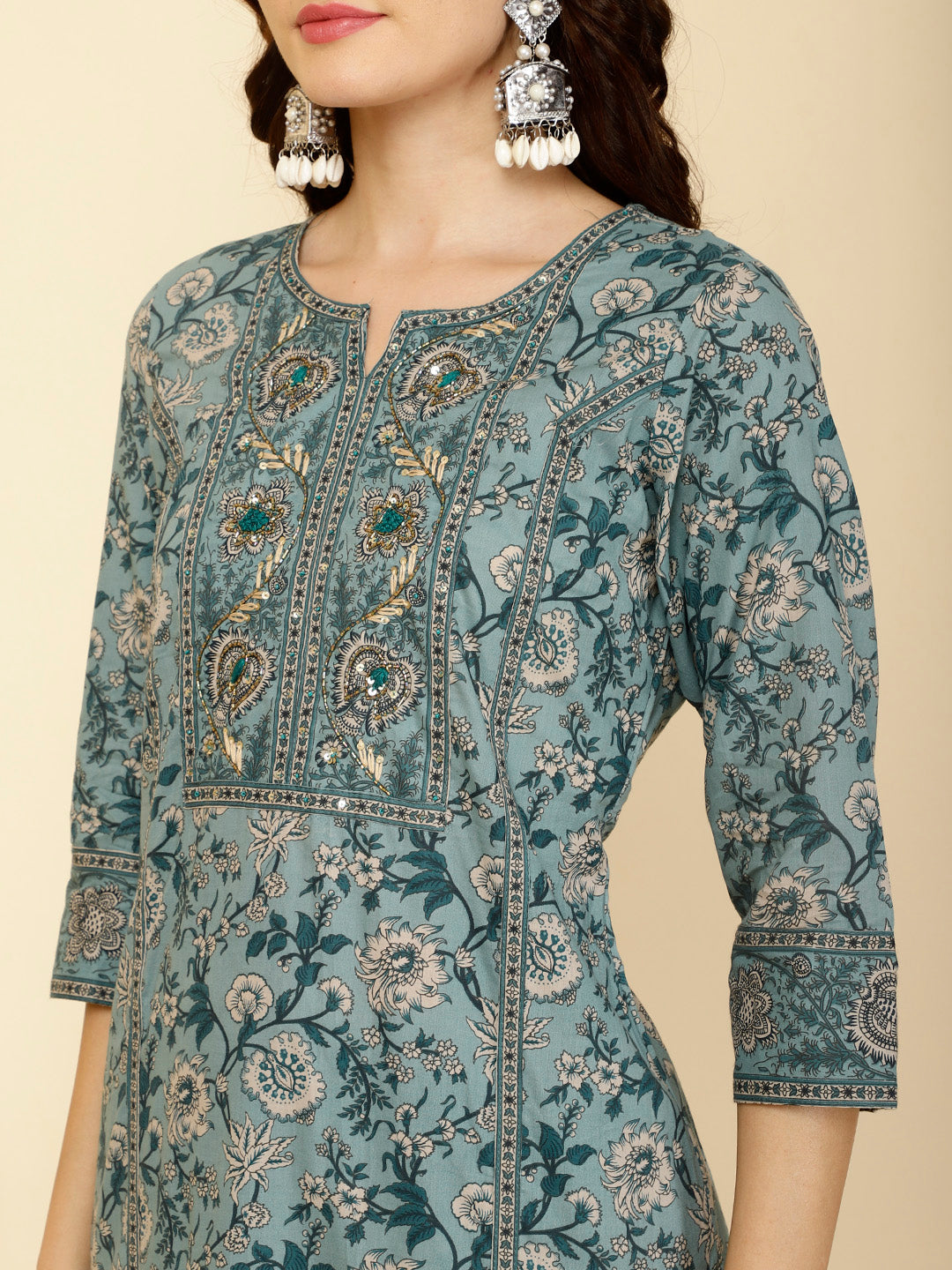 Floral Printed Cotton Straight Kurta With Pants