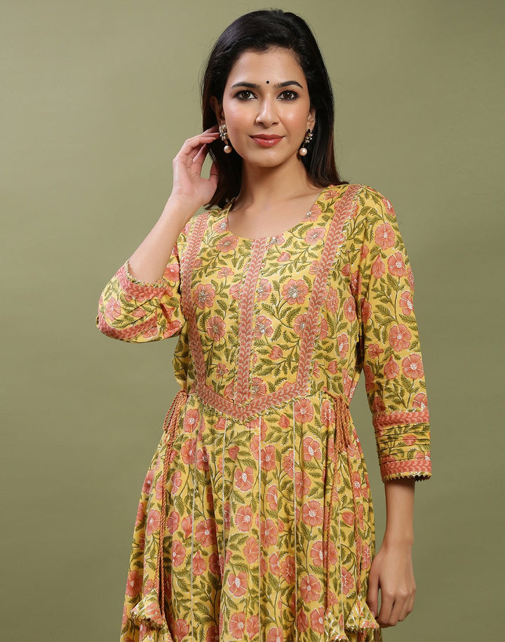Printed Cotton Anarkali Gota Trim Kurti