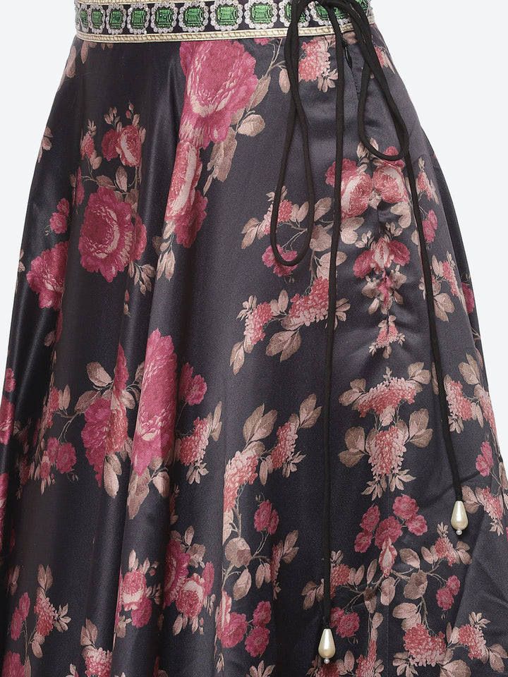 Floral Printed Satin Choli With Lehenga &amp; Net Dupatta