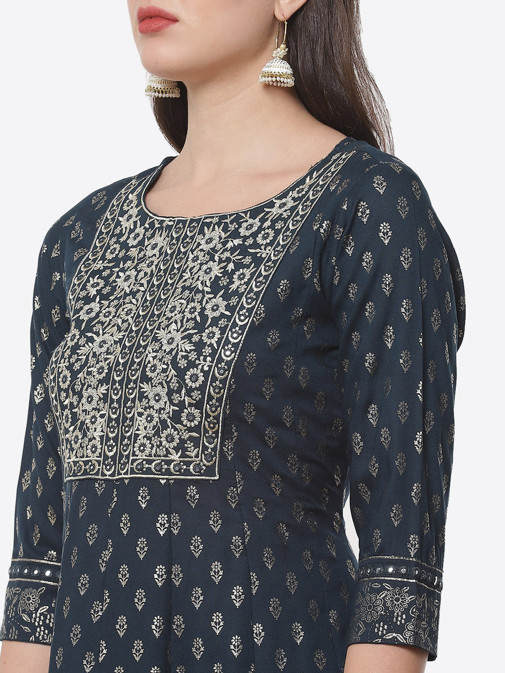 Printed Zari Neck Cotton Stitched Anarkali Salwar Kameez With Chiffon Dupatta