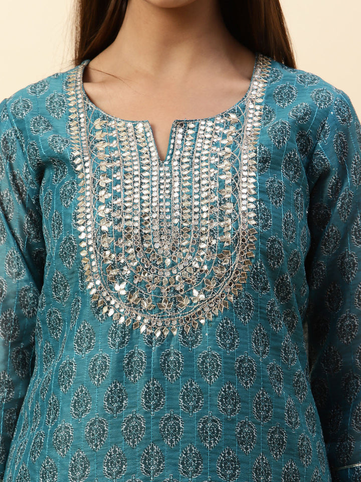 Printed &amp; Neck Embroidered Chanderi Kurta With Pants