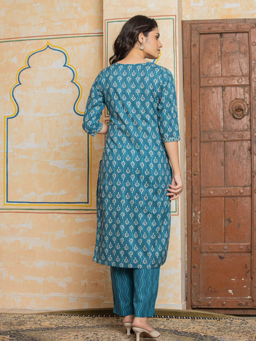 Light Blue Embroidered Cotton Blend Straight Suit Set With Dupatta