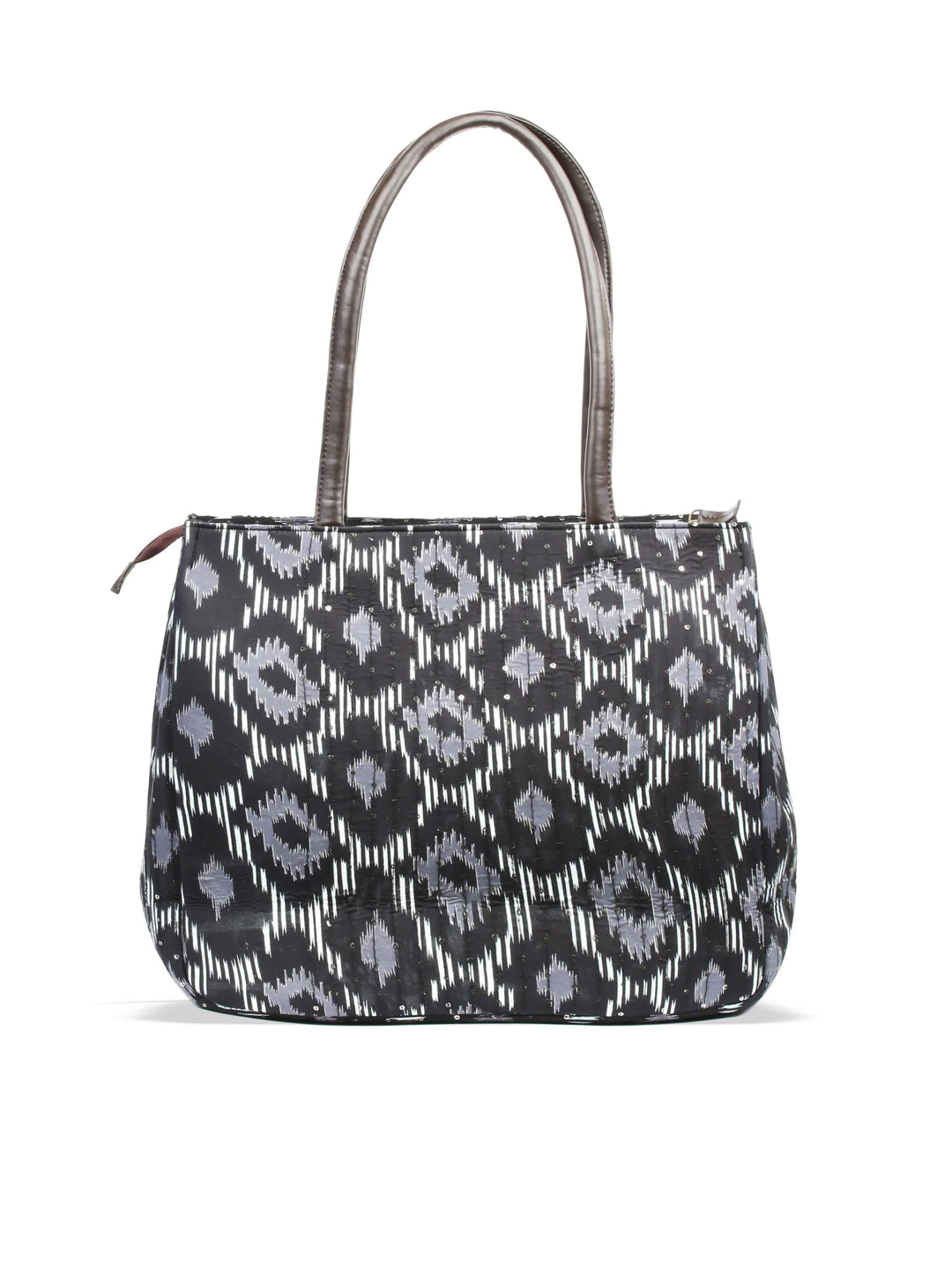 Black Printed Cotton Handbag With Pouch