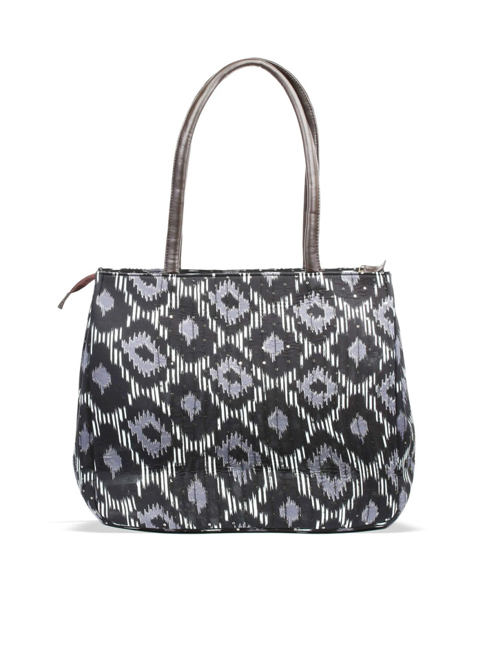 Black Printed Cotton Handbag With Pouch