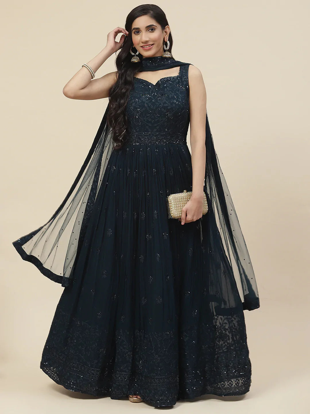 Resham Booti Embroidered Georgette Kurta With Churidar &amp; Dupatta