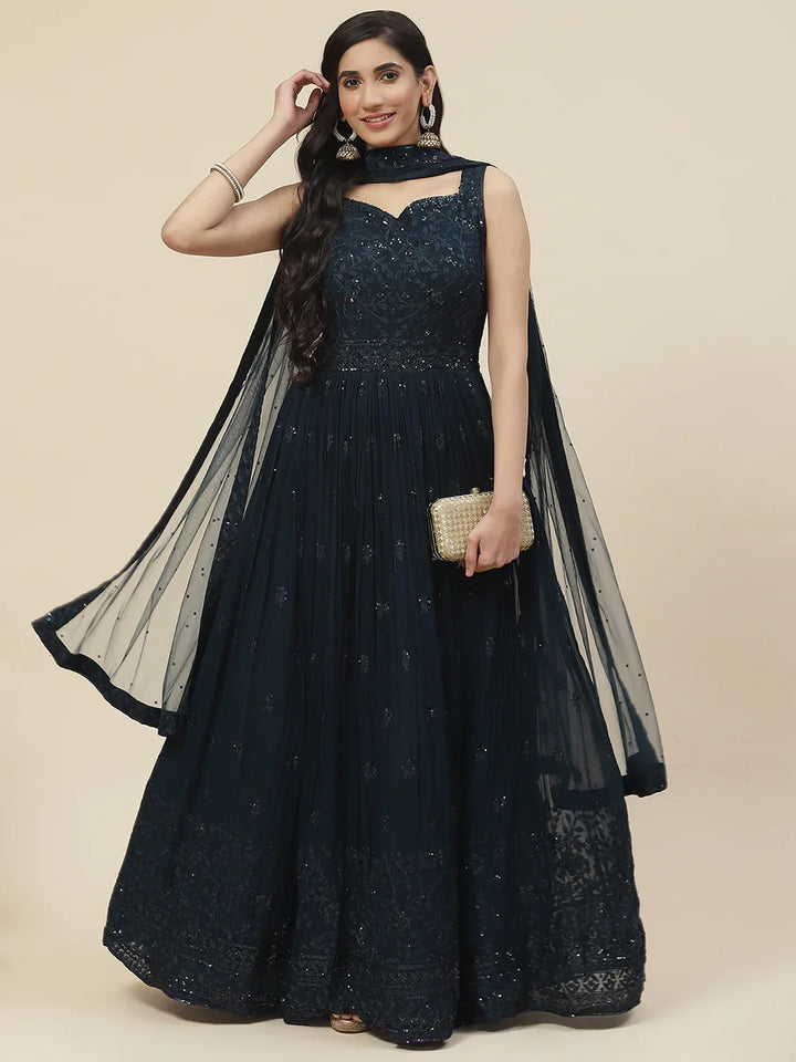 Resham Booti Embroidered Georgette Kurta With Churidar &amp; Dupatta