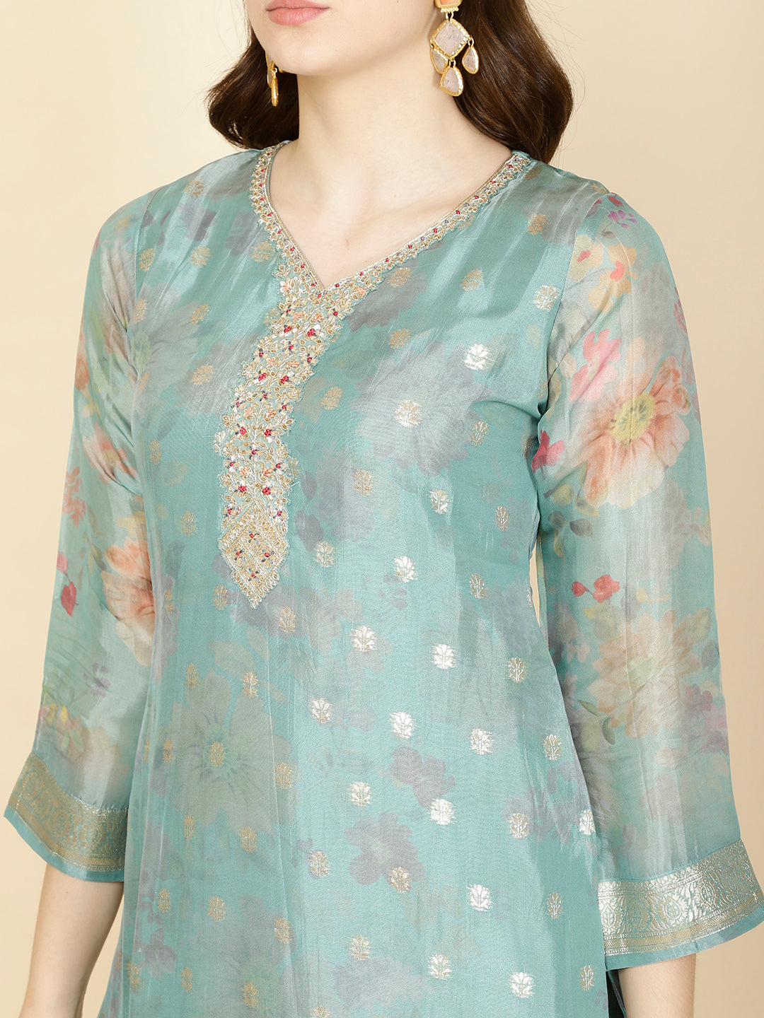 Floral Printed &amp; Woven Organza Kurta With Pants &amp; Dupatta