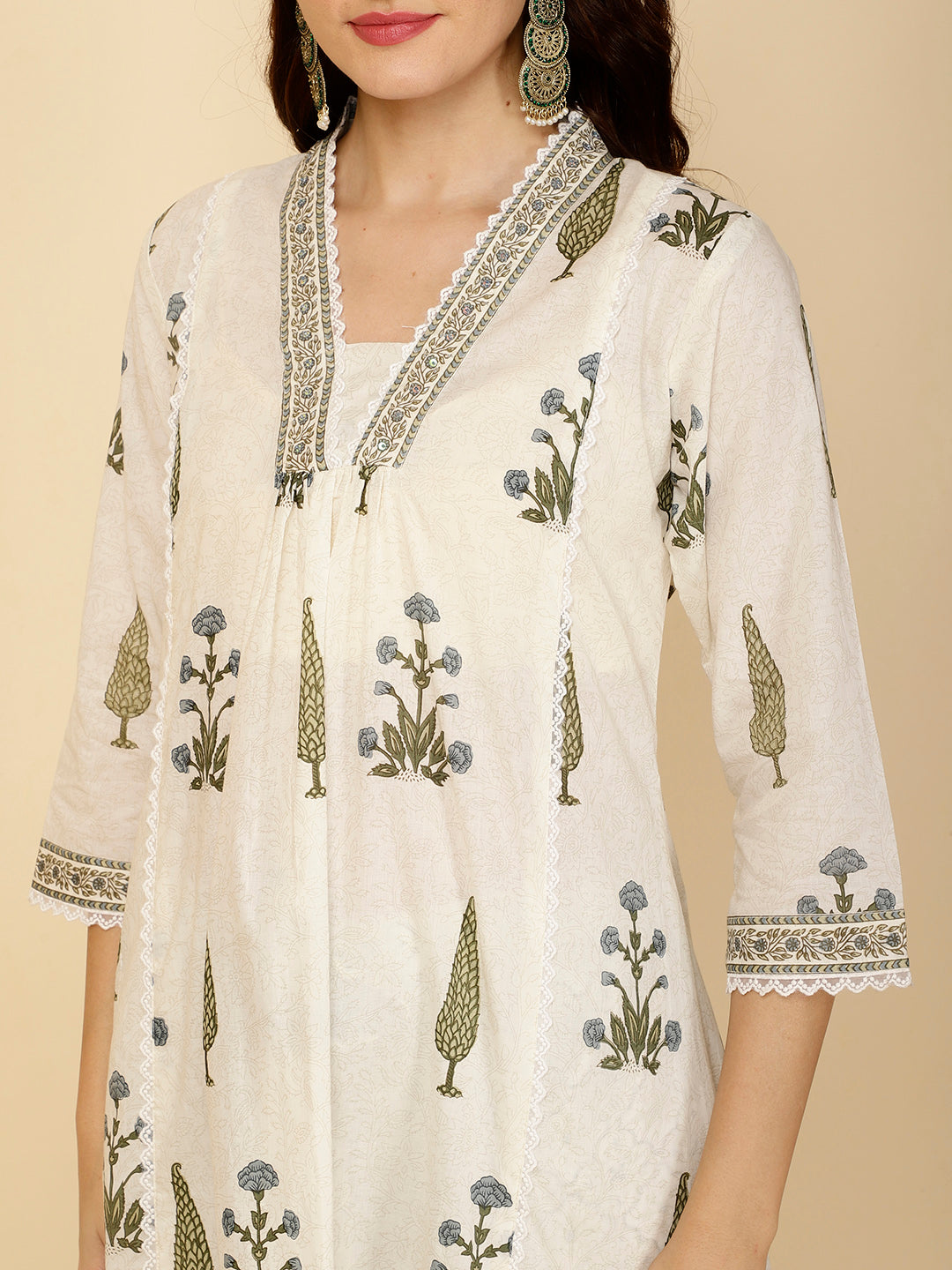 Block Printed Cotton Kurta With Palazzo &amp; Dupatta
