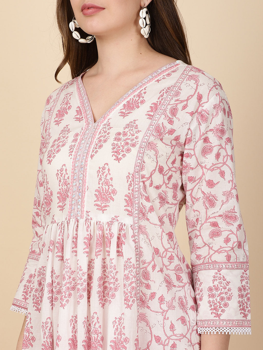 Floral Block Printed Cotton Kurta With Pants &amp; Dupatta