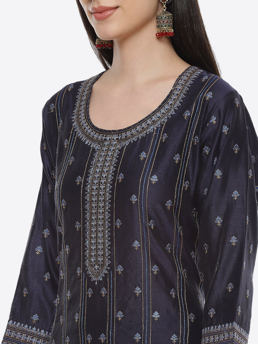 Embroidered Zari Neck Chanderi Kurti With Pant