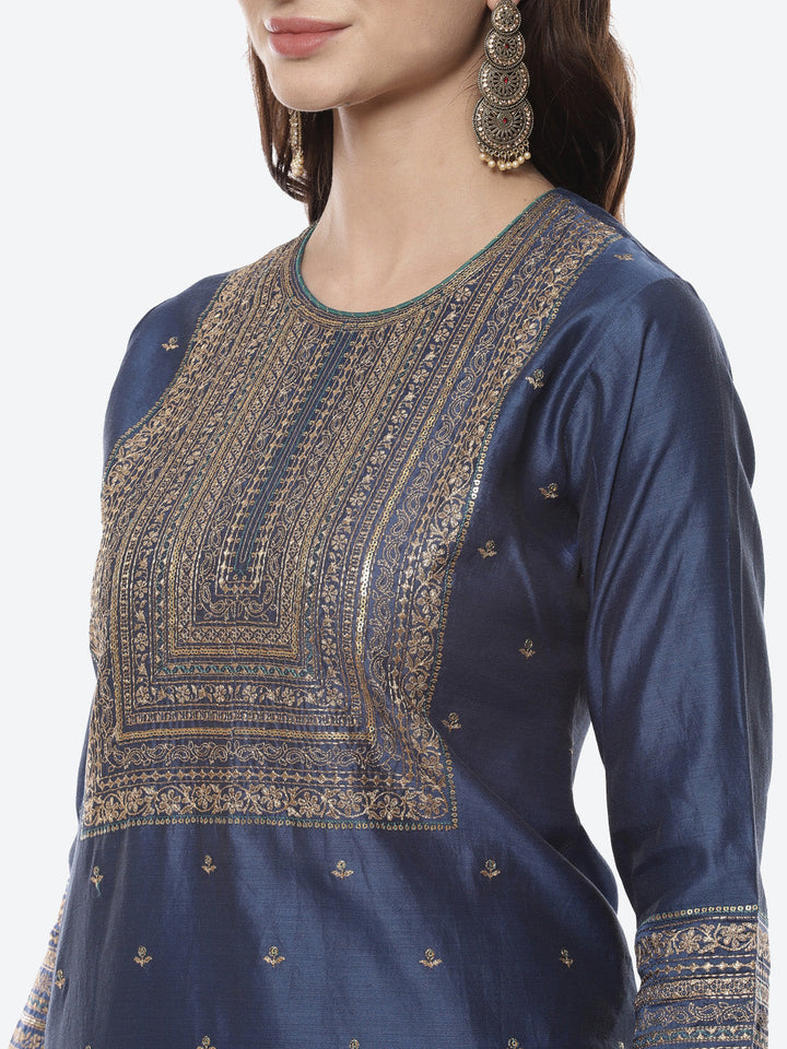 Zari Work Embroidered Chanderi Kurti With Palazzo