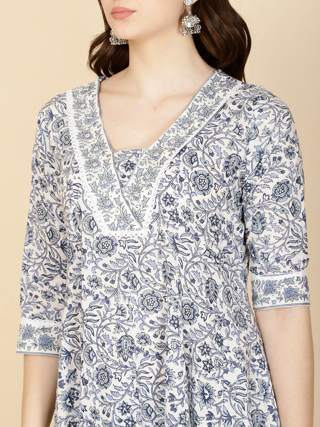Floral Printed Cotton Kurta With Pants &amp; Dupatta