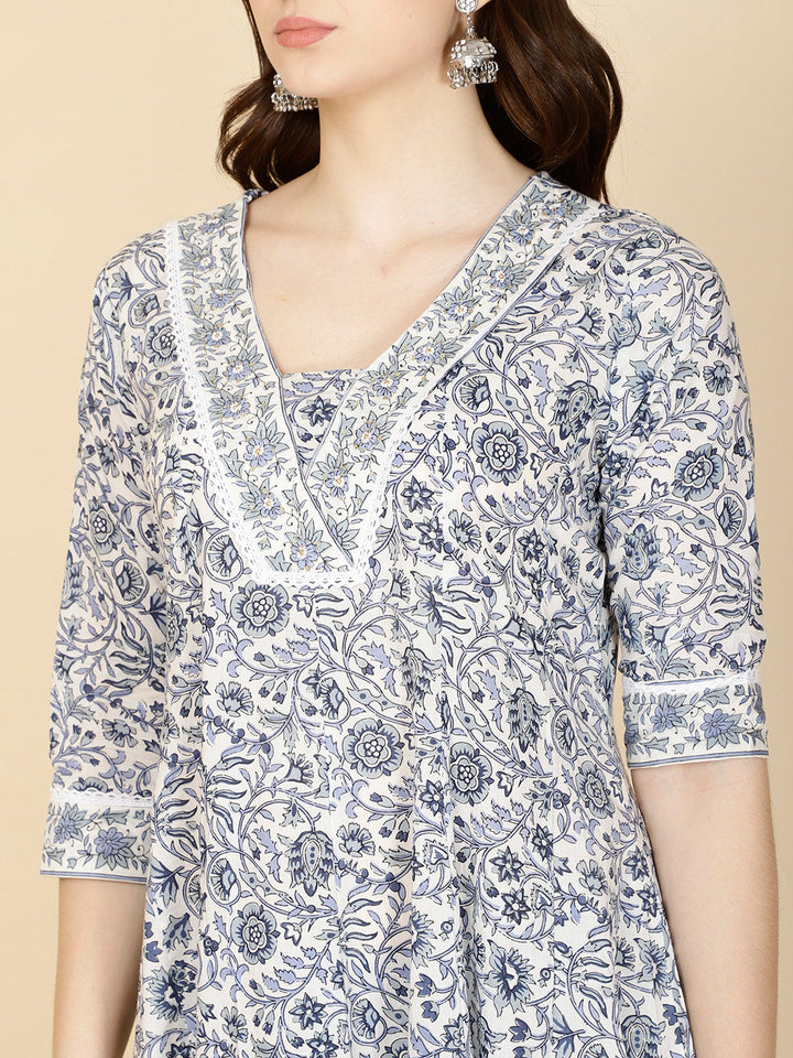 Floral Printed Cotton Kurta With Pants &amp; Dupatta