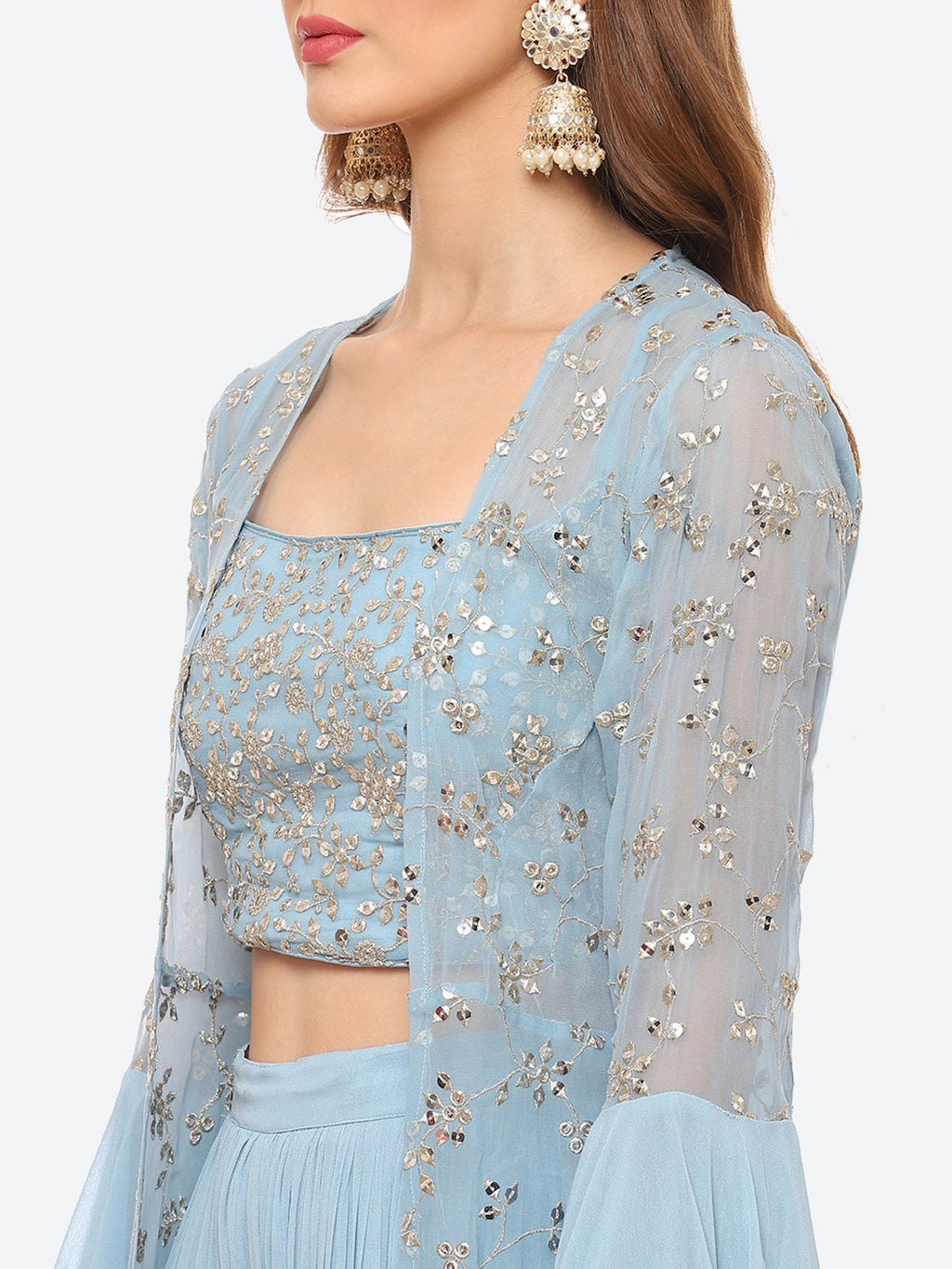 Zari Embroidered Booti Georgette Crop Top With Sharara & Jacket