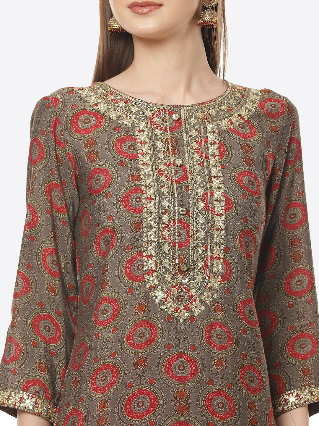 Printed Neck Embroidered Cotton Kurti