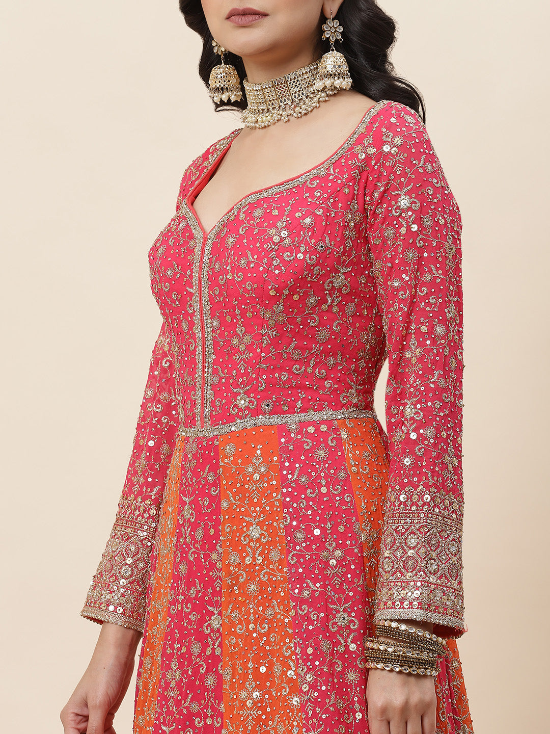 Sequin Embroidered Georgette Kurta With Pants &amp; Dupatta - meena bazaar