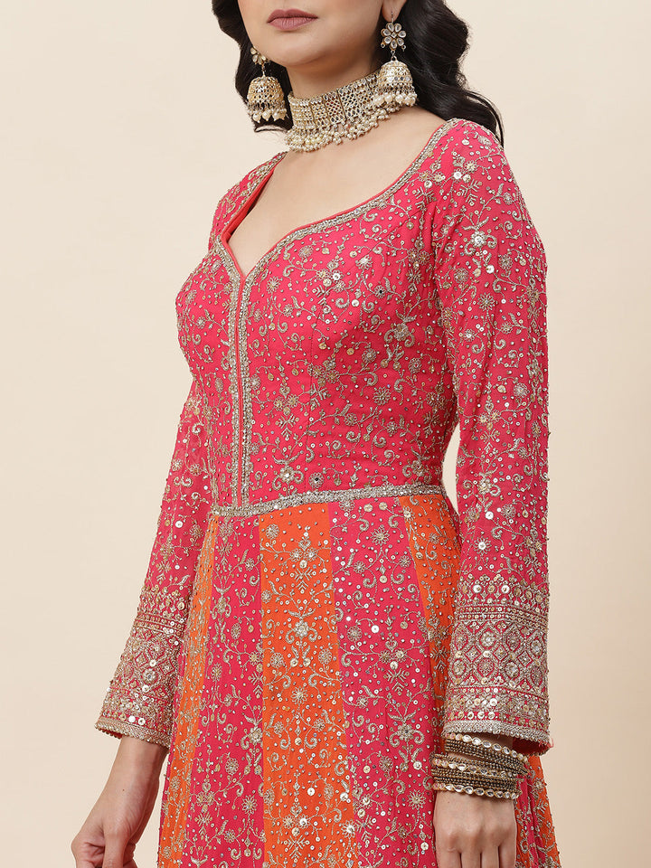 Sequin Embroidered Georgette Kurta With Pants &amp; Dupatta - meena bazaar
