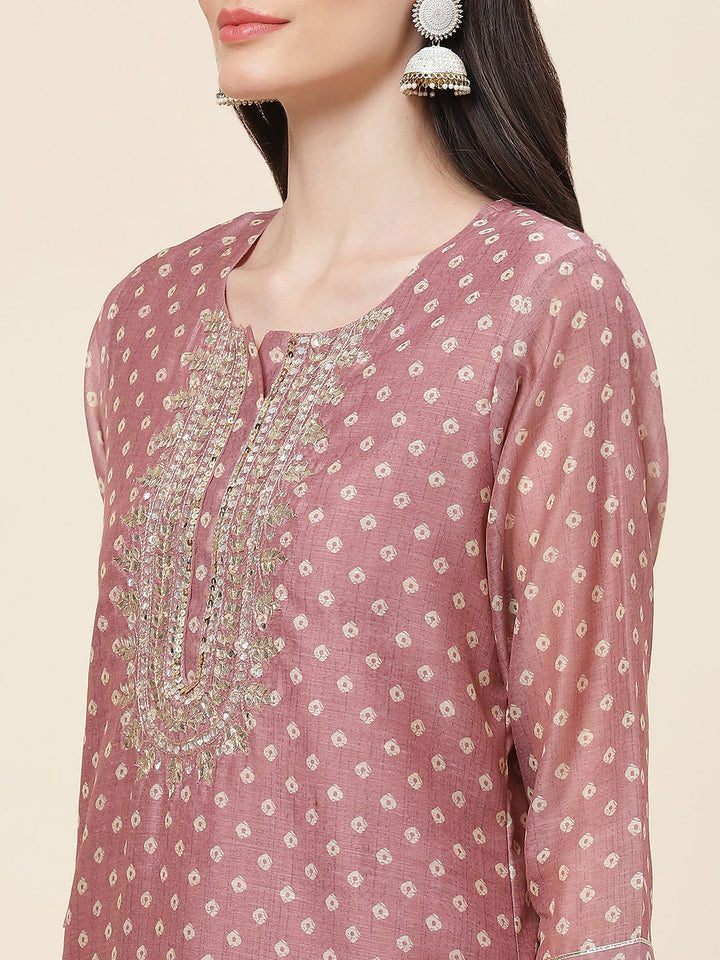 Printed &amp; Neck Embroidered Chanderi Kurta With Pants