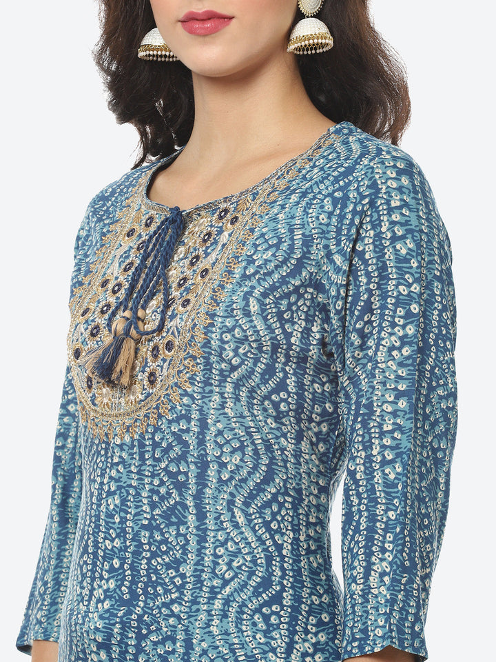 Yoke Embroided Bandhani Printed Cotton Kurti