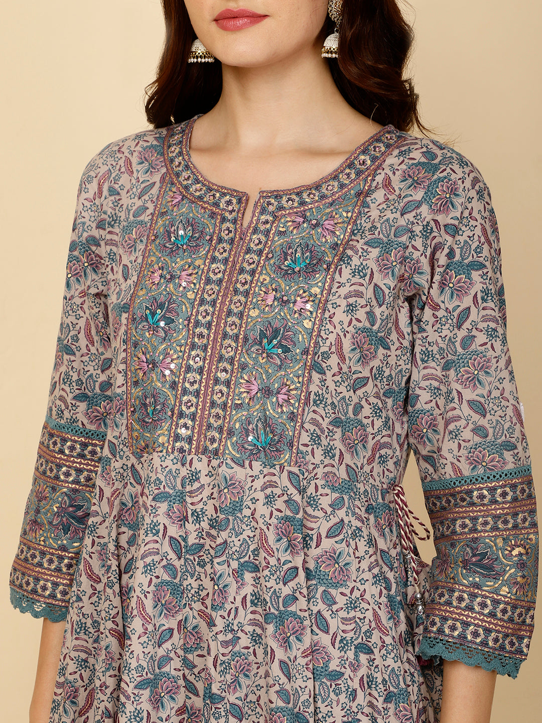 Floral Block Printed Anarkali Kurta With Pants &amp; Dupatta