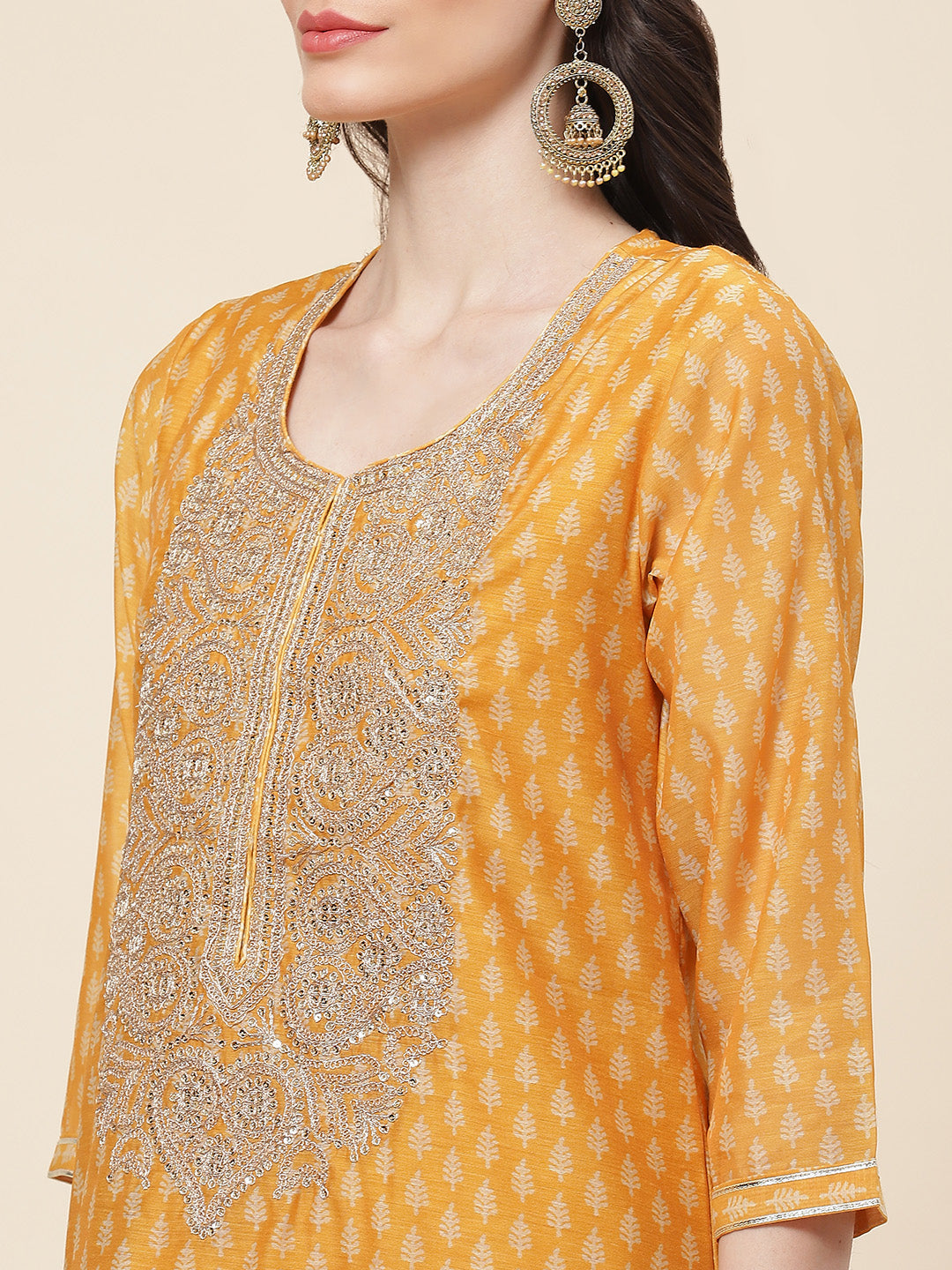 Printed &amp; Neck Embroidered Chanderi Kurta With Pants &amp; Dupatta
