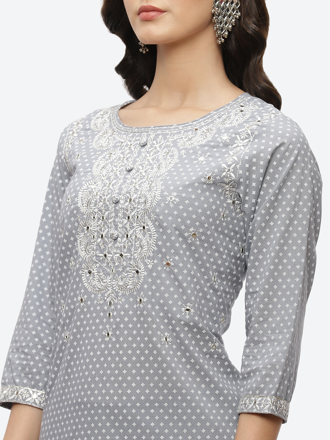 Mirror Neck Embroidered Cotton Kurta With Palazzo