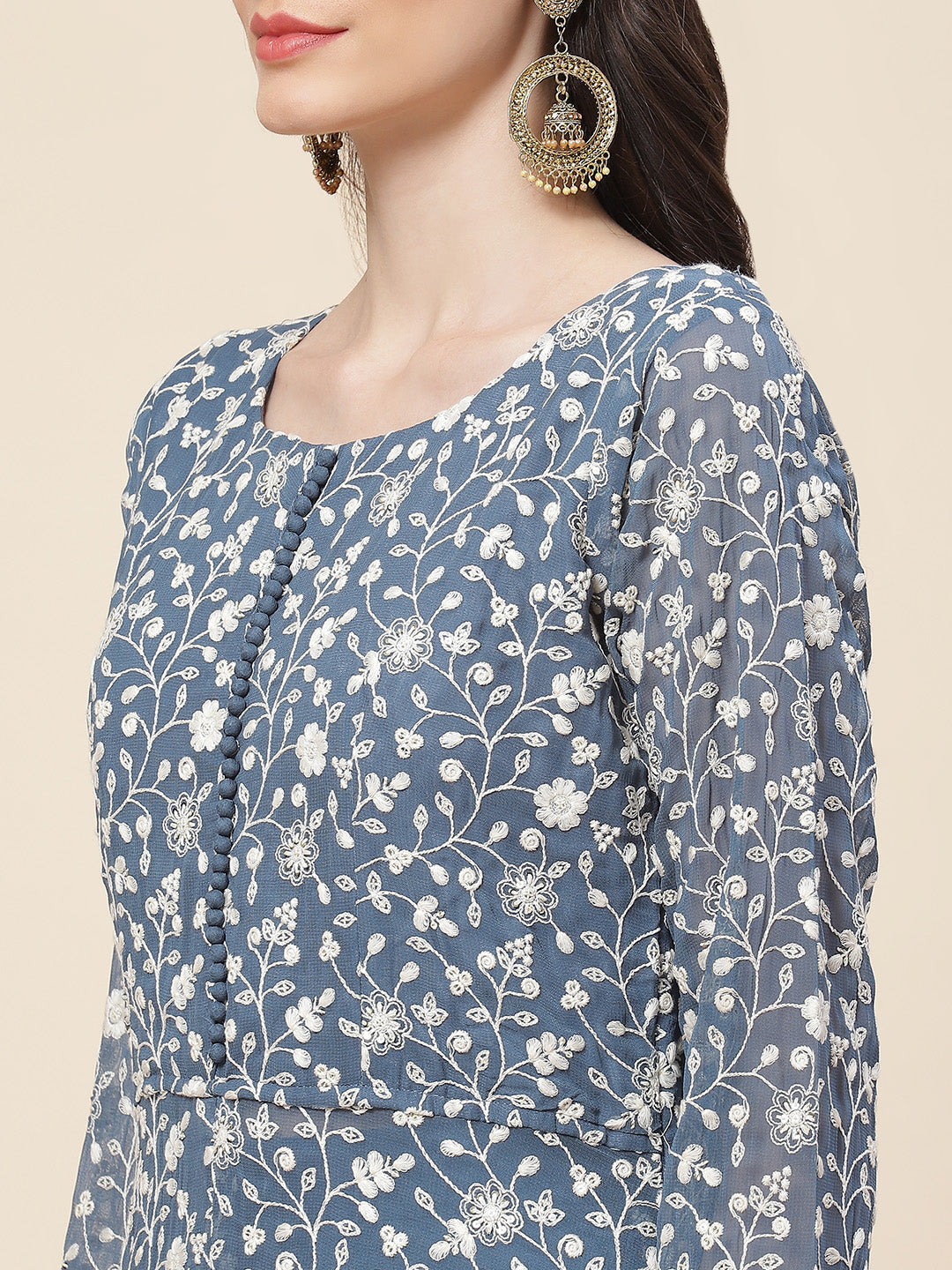 Embroidered Georgette Kurta With Palazzo &amp; Dupatta