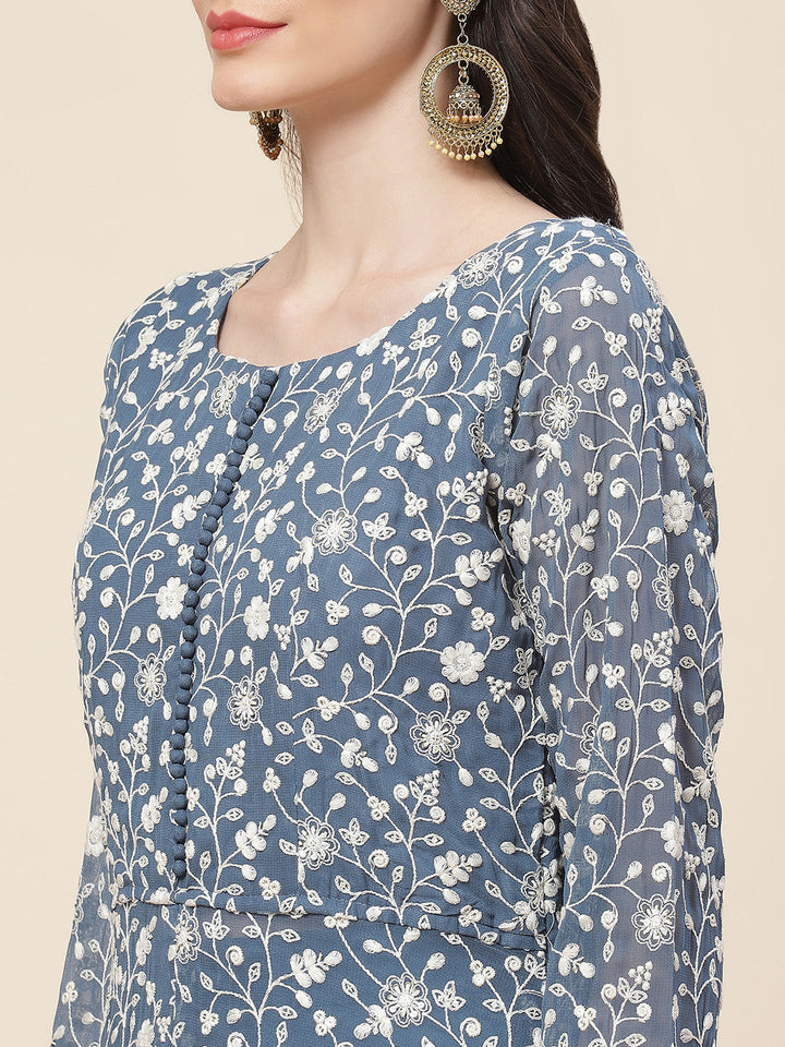 Embroidered Georgette Kurta With Palazzo &amp; Dupatta