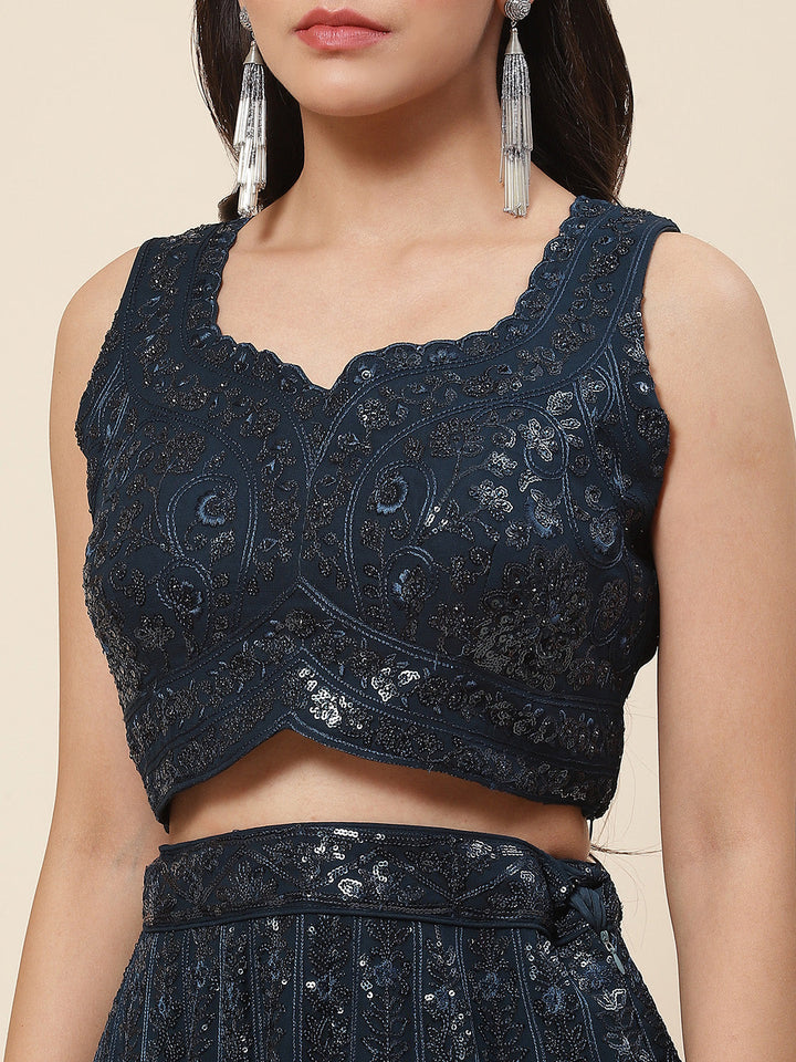 Sequin Embroidered Georgette Choli With Lehenga &amp; Dupatta