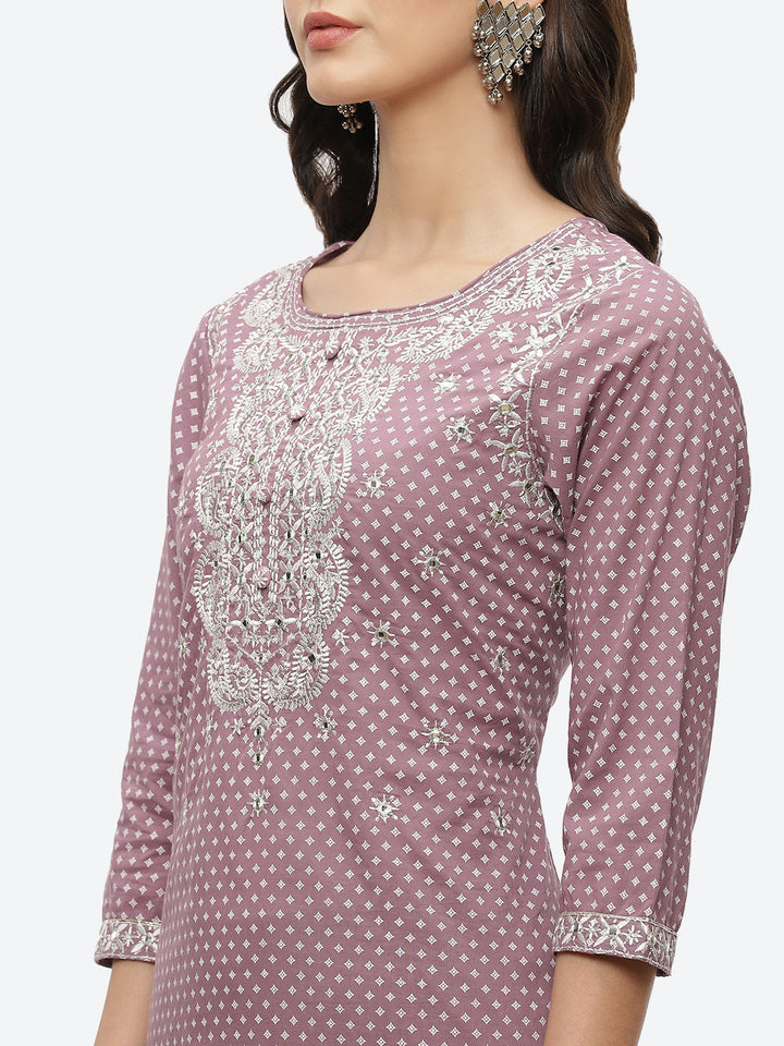Mirror Neck Embroidered Cotton Kurta With Palazzo