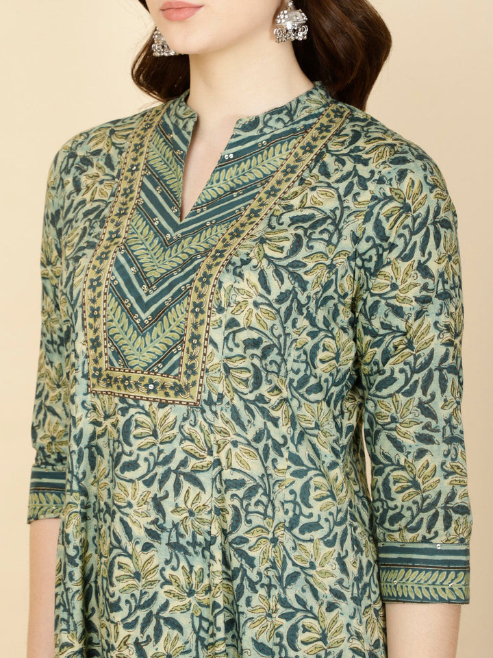 Floral Printed Cotton Anarkali Kurta With Pants &amp; Dupatta