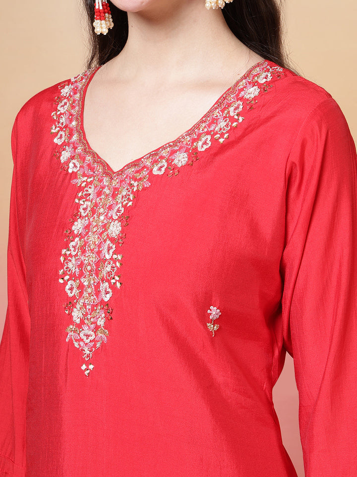 Embroidered Muslin Kurta With Pants &amp; Dupatta