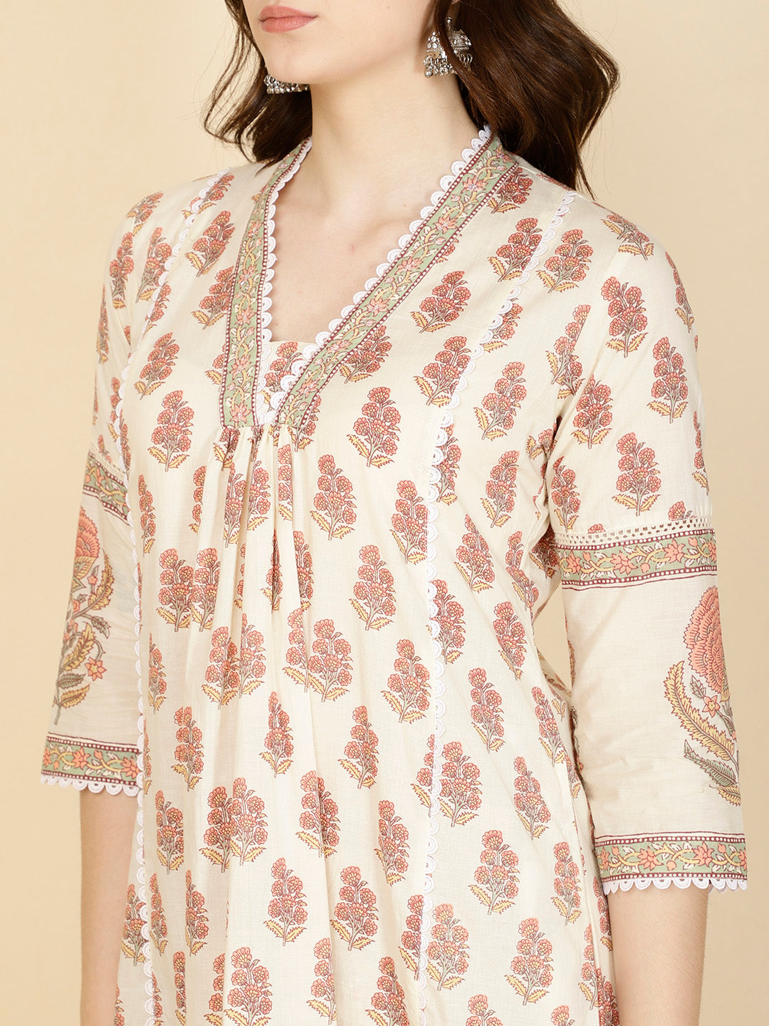 Floral Block Printed Cotton Kurta With Pants &amp; Dupatta