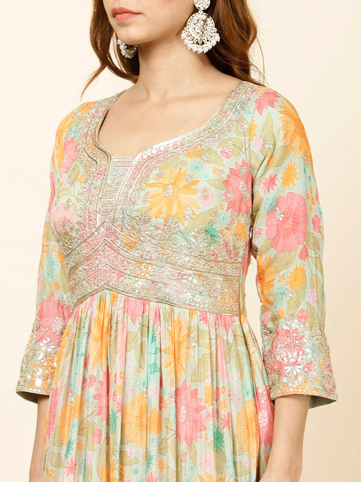 Printed Georgette Anarkali Kurta With Churidar &amp; Dupatta